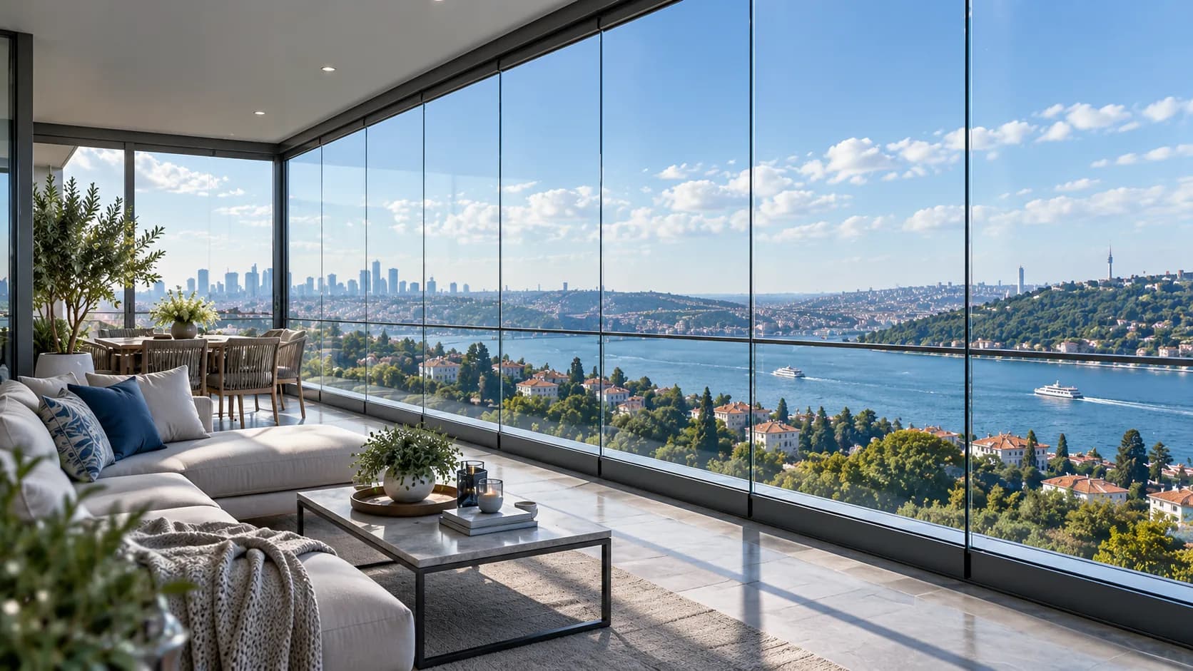 Köşe balkonu cam balkon sistemiyle kapatılmış oturma alanı