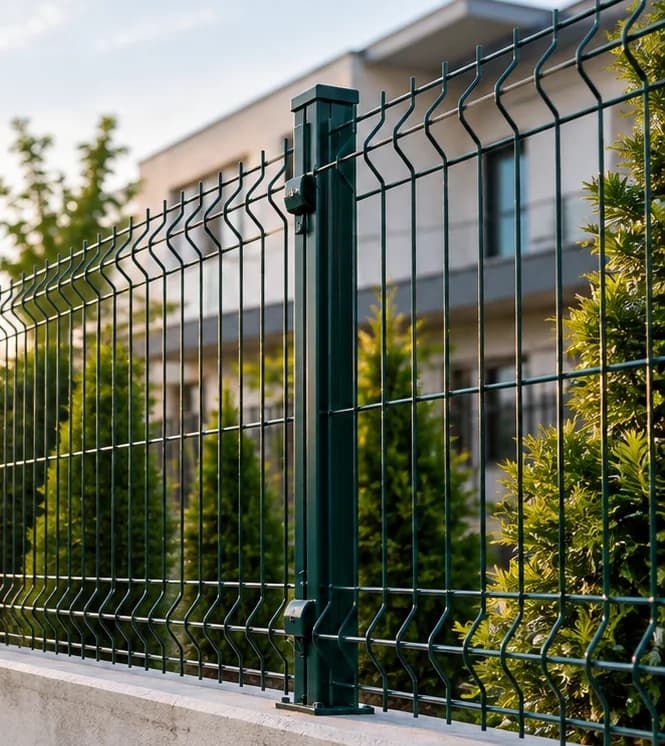 Bina bahçesinin istinat duvarı üzerine kurulmuş yeşil panel çit
