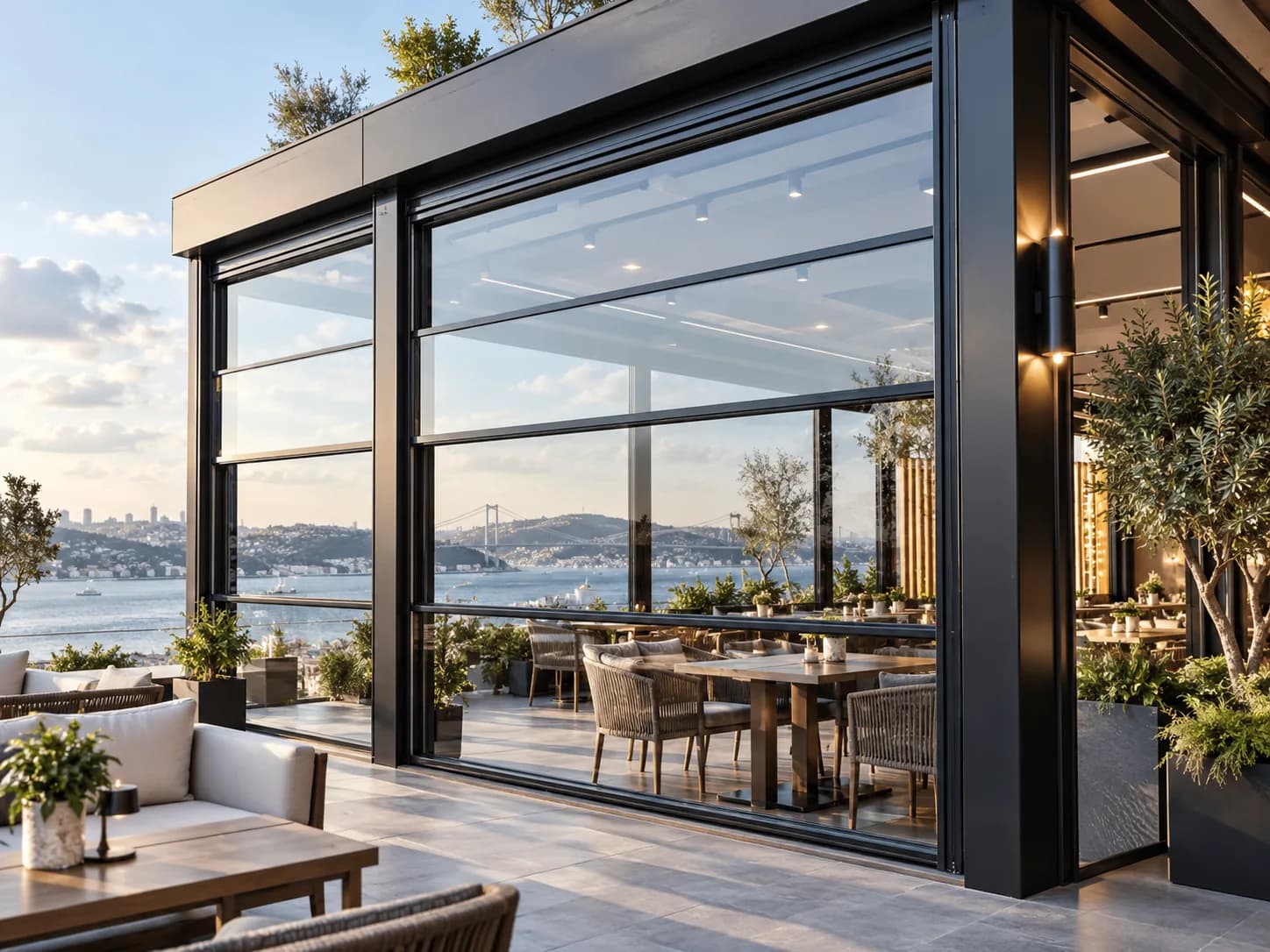 Deniz manzaralı teras restoranında dikey açılan giyotin cam sistemi