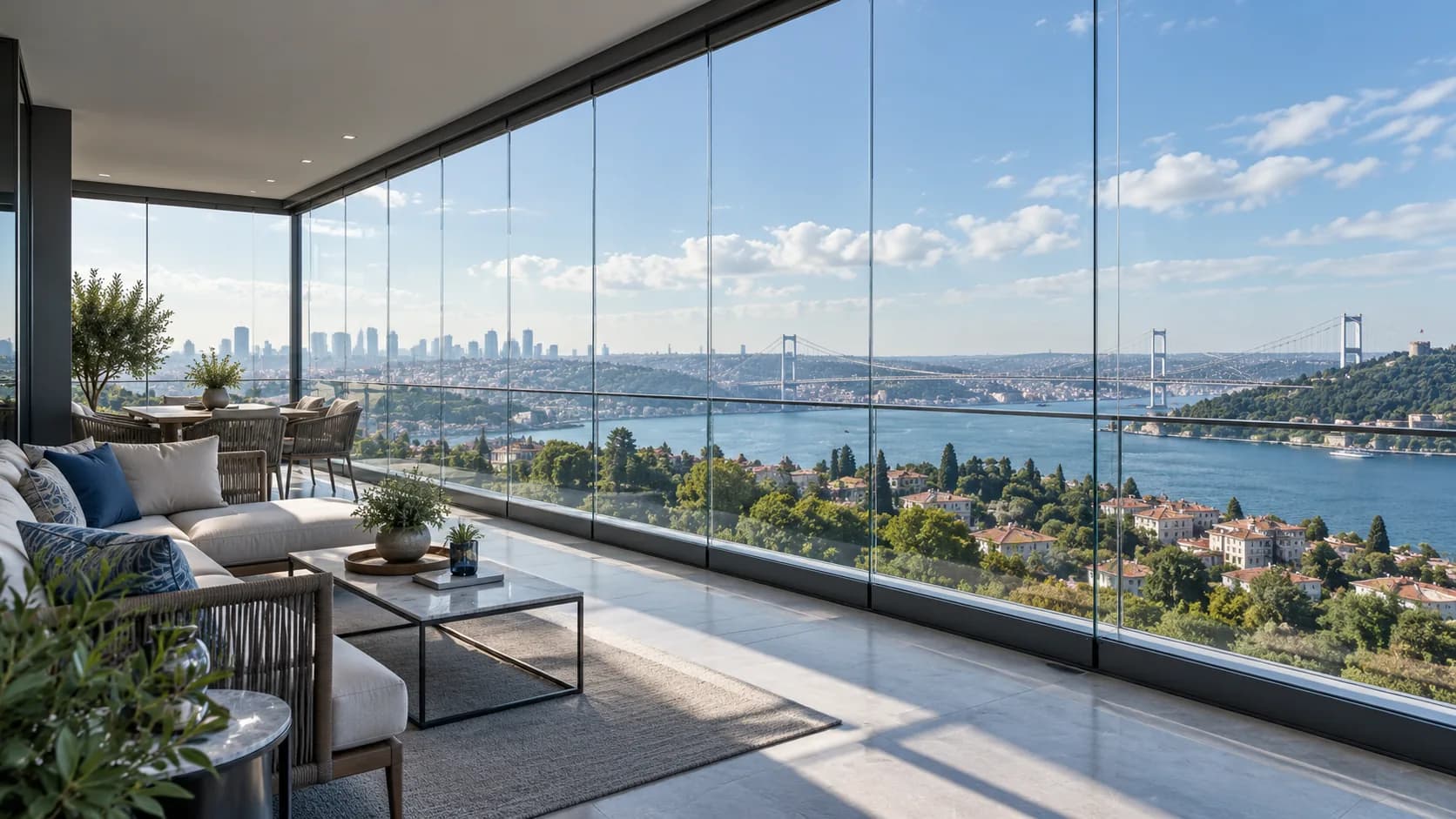 Deniz manzaralı geniş balkonda çerçevesiz cam balkon sistemi
