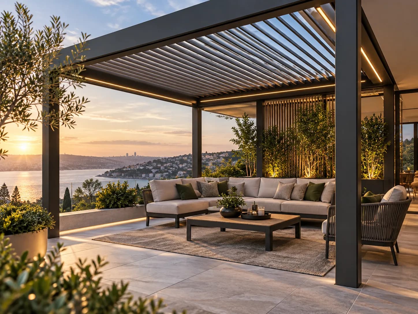 Terasta hareketli lamelli pergola altında oturma grubu